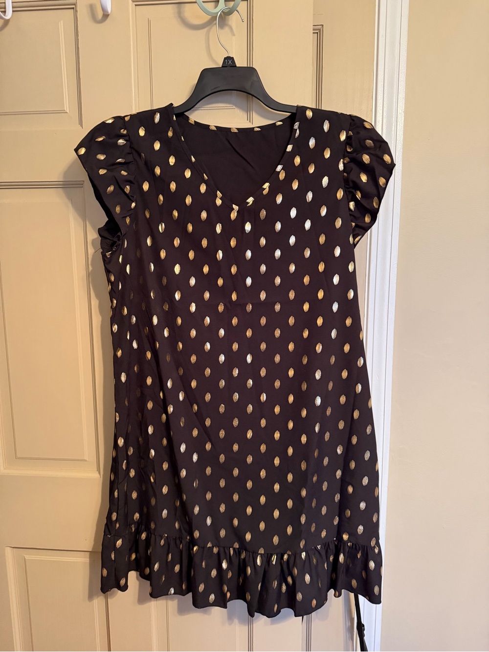 NWOT - SHEIN Black Mini Dress with Gold Dot Print and Ruffle Hem
